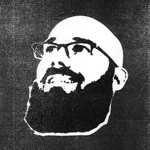 A high-contrast illustration of a bald man with a beard wearing glasses.